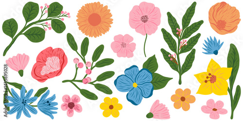 Floral set. Vector flat minimalistic illustration of flowers and leaves in flat style. Retro vintage style, hand drawn decorative elements. 60s, 70s, flower icon, pastel colors, childish cute decor.