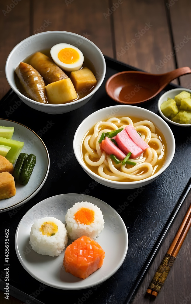 A set of a japanese meal are arrange on the table. A set of a japanese meal are arrange on the table.