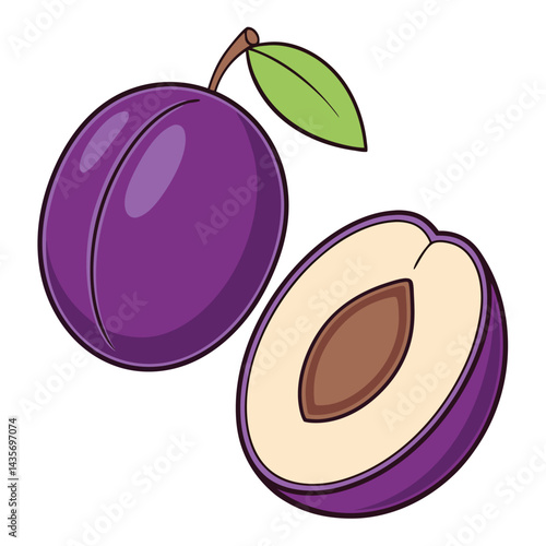 Whole and sliced plum illustration