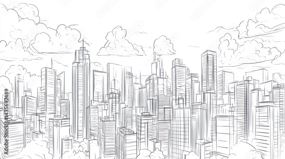 Cityscape sketch, urban skyline, architectural drawing, background use Cityscape sketch, urban skyline, architectural drawing, background use