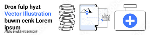 Stacked coins representing savings, mobile screen with location and travel map, and medical treatment kit. Ideal for finance, travel, technology, health, mobile apps, investment simple landing page