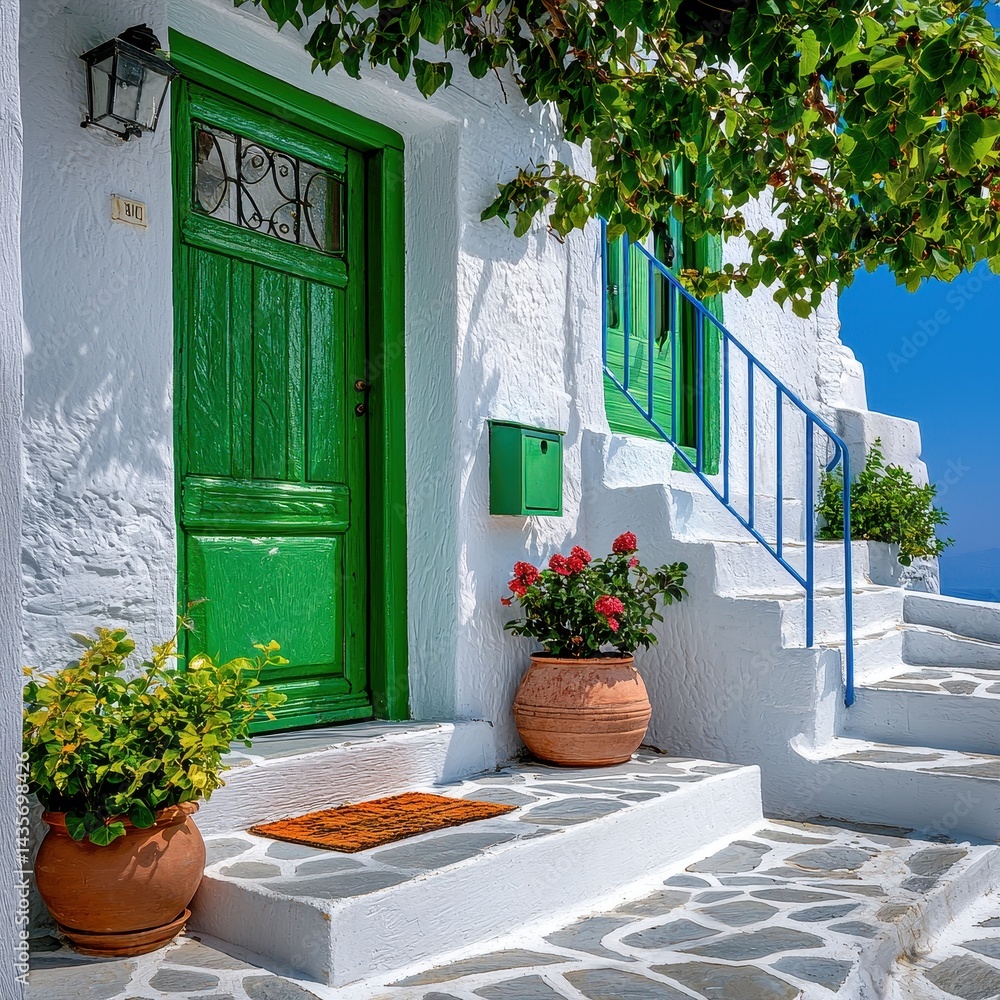 Naklejka premium Whitewashed House with Vibrant Green Door and Red Flowers