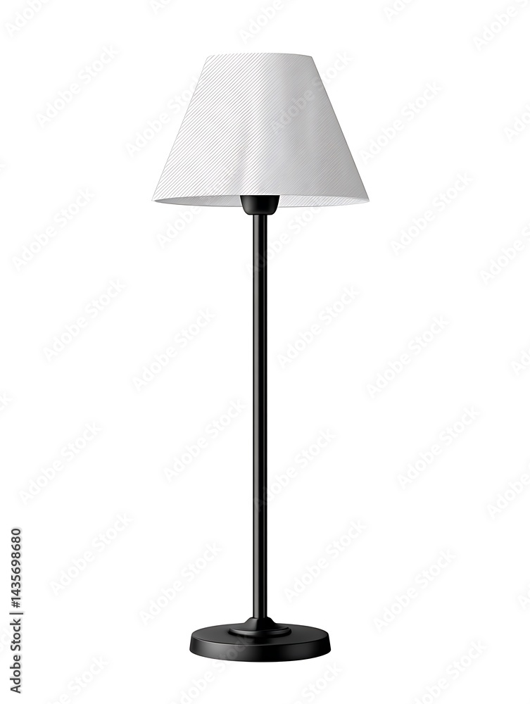 A tall, black lamp with a white lampshade, isolated on a white background A tall, black lamp with a white lampshade, isolated on a white background