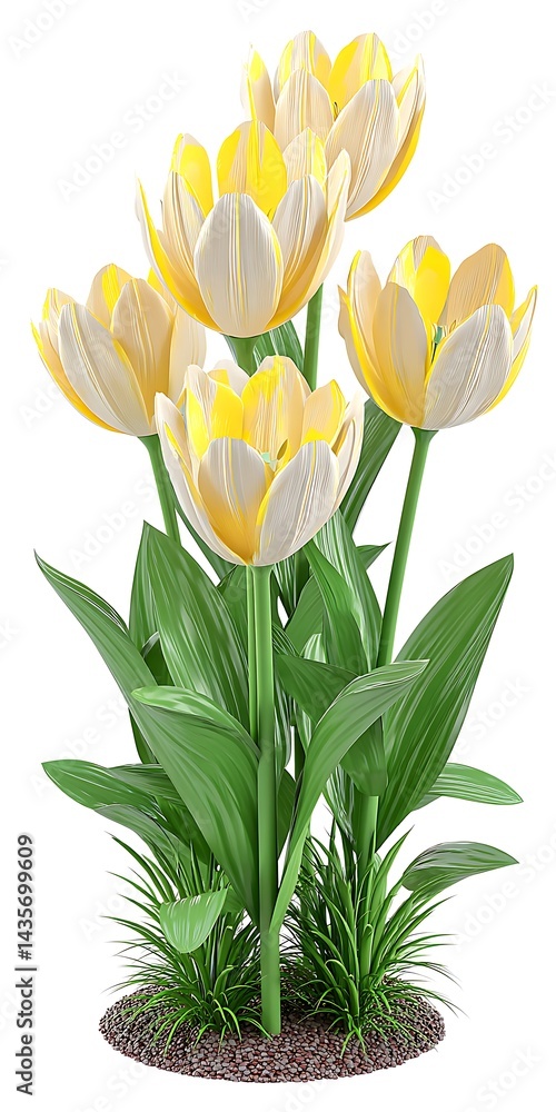 Five yellow tulips with white tips bloom in a patch of green grass Five yellow tulips with white tips bloom in a patch of green grass