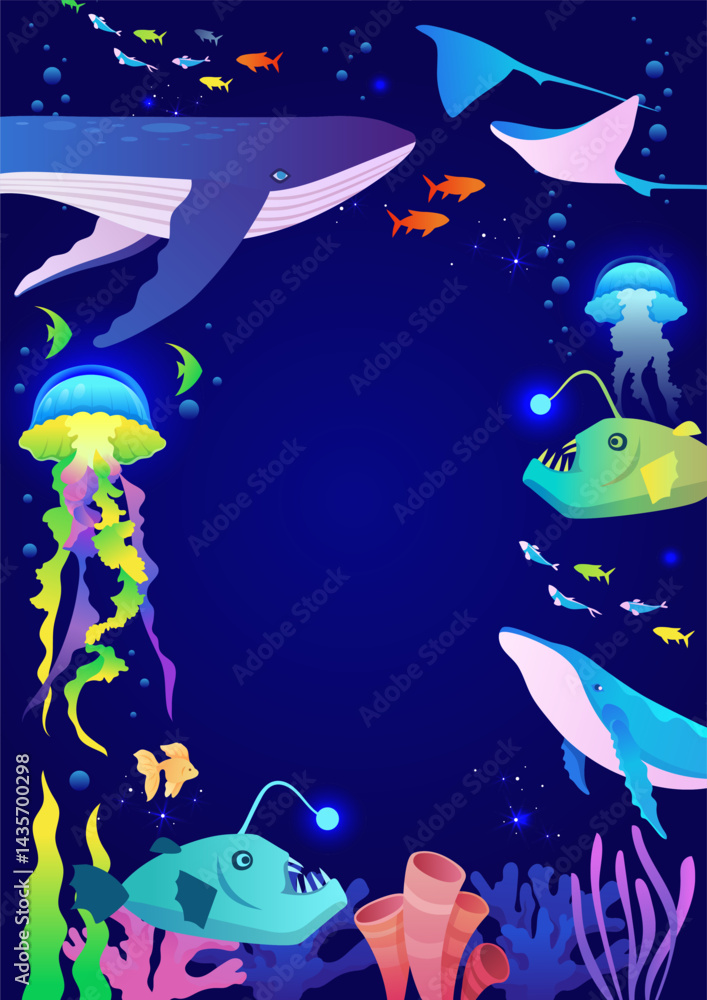 Naklejka premium Marine frame. Underwater world. World oceans day. Vector cartoon illustration.