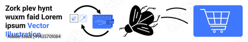Insect disrupting a circular flow between payment card and cart, representing errors or glitches. Ideal for error, cybersecurity, debugging, eCommerce, tech issues, security flaws, simple landing