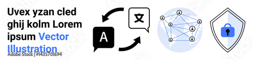 Translation arrows connect speech bubbles, network nodes signify data interaction, shield with lock for security. Ideal for language technology, AI, cybersecurity, data exchange, machine learning