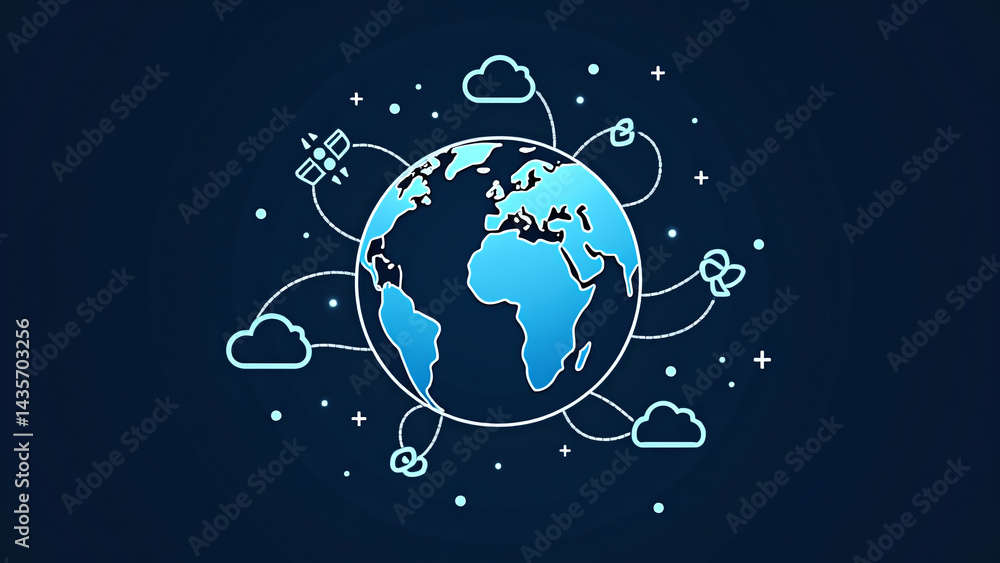 Fototapeta premium Illustrated Earth with Satellite, Clouds, and Connections on Blue