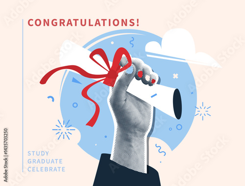 Graduate vector illustration background. Halftone effect student hand hold paper diploma with red bow, raised up. Education graduation congratulation banner. Celebrate class of 2025, cool art design.