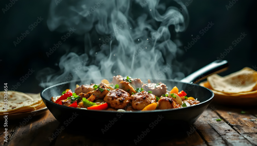 Close-Up of Chicken Fajitas on Cast-Iron Skillet with Tortillas
Close-Up of Chicken Fajitas on Cast-Iron Skillet with Tortillas