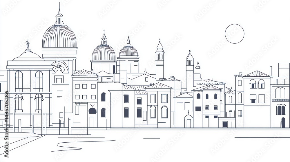 Venetian Architecture Line Drawing, Cityscape View, Elegant Sketch Venetian Architecture Line Drawing, Cityscape View, Elegant Sketch