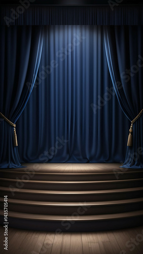 empty 3d room background template of a theater stage spotlights and dark blue and black curtains