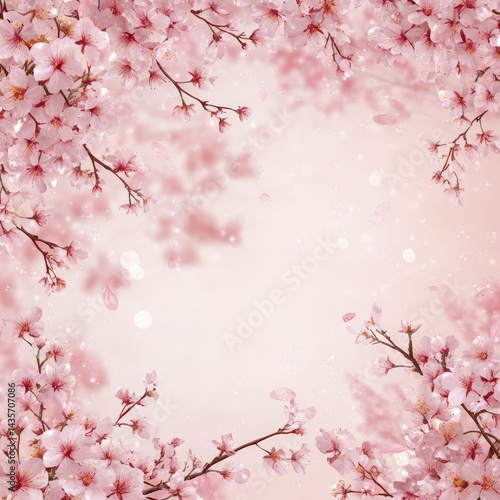 Delicate pink cherry blossoms frame a soft, pastel backdrop.