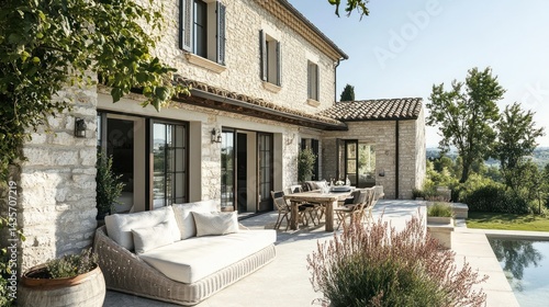 Inviting outdoor terrace of a Tuscan style stone villa with pool and garden
