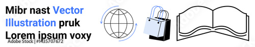 Minimalist globe, shopping bag, and open book emphasizing global commerce, learning, and connectivity. Ideal for education, e-commerce, retail, global reach sharing concepts business flat landing