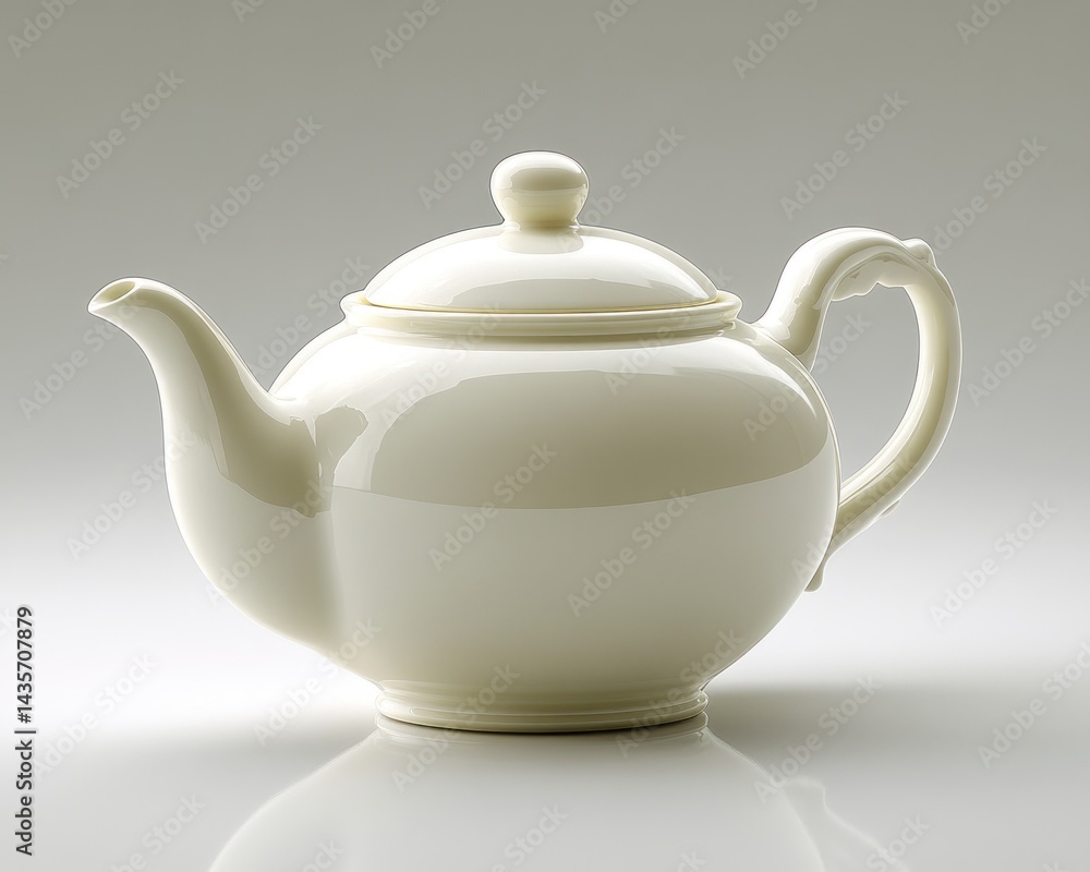 Elegant white ceramic teapot with a smooth finish, placed on a reflective surface Elegant white ceramic teapot with a smooth finish, placed on a reflective surface