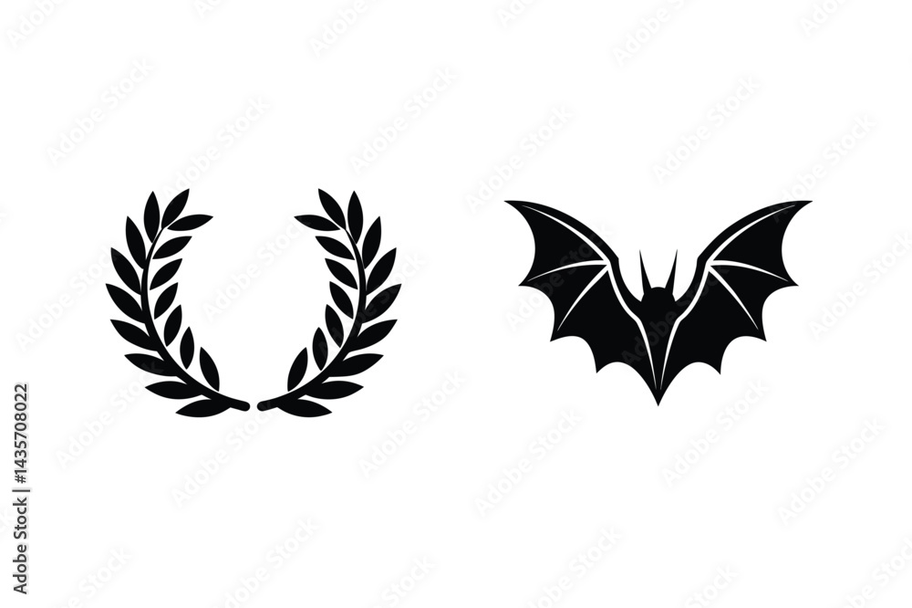 Laurel Wreath And Bat Vector Icons Black Silhouettes Isolated On White Background Laurel Wreath And Bat Vector Icons Black Silhouettes Isolated On White Background