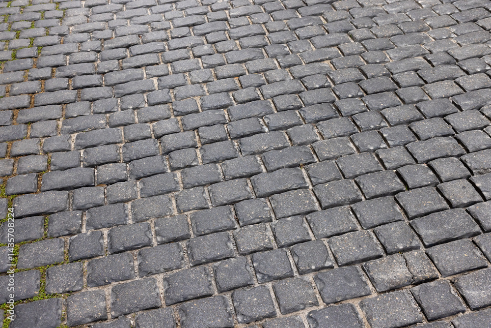 Textured cobblestone street surface showing distinct patterning Textured cobblestone street surface showing distinct patterning