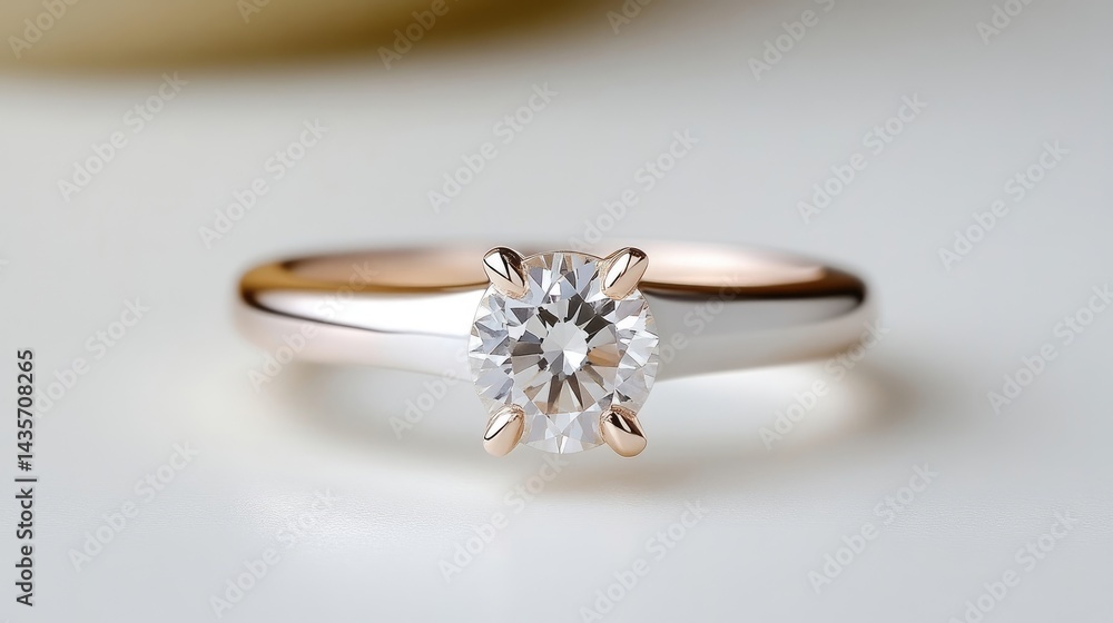 A solitaire diamond engagement ring with a round cut center stone, set in a simple rose gold band, close-up shot on a white background, and elegant and minimalistic design. A solitaire diamond engagement ring with a round cut center stone, set in a simple rose gold band, close-up shot on a white background, and elegant and minimalistic design.