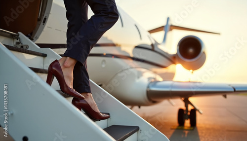 Woman exits private jet wearing stylish heels at sunset on a serene runway