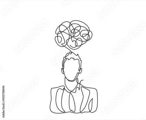 Man in depression, stressed, headache and despair continuous one line drawing. Single line art illustration of confusing and stressed person. Editable vector.