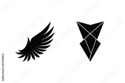 Minimalist Wing And Geometric Fox Head Black Silhouette Vector Design