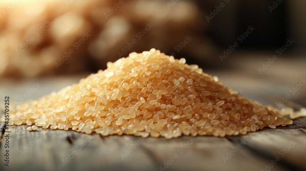 Close-up of a pile of light brown sugar crystals on a rustic wooden surface. Close-up of a pile of light brown sugar crystals on a rustic wooden surface.