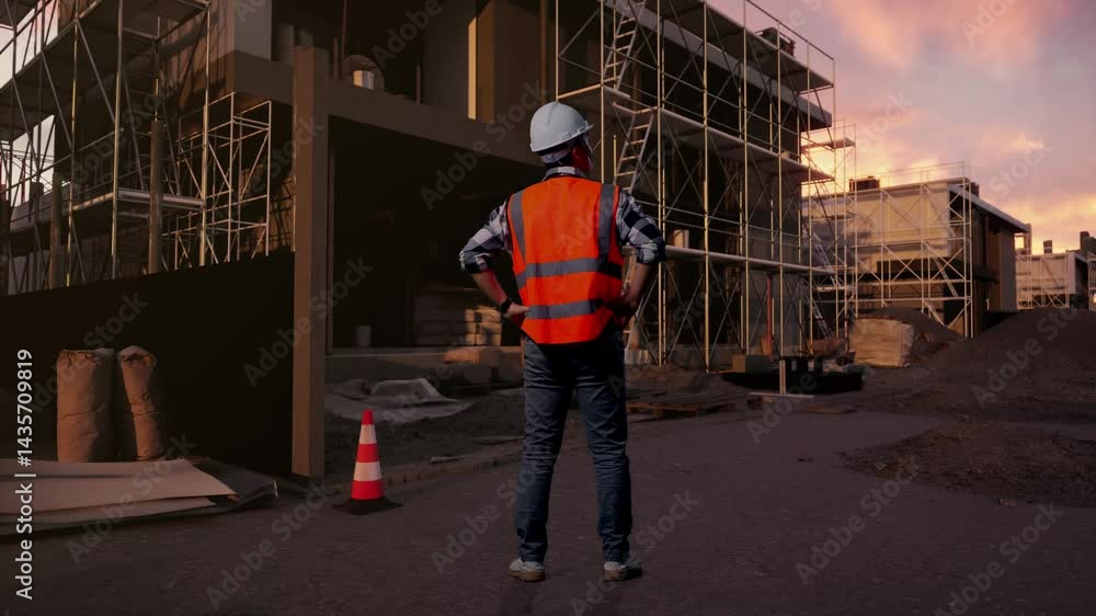 Full Body Back View Of A Male Engineer Wearing Safety Helmet Looking Around While Standing With Arms Akimbo At Building & Construction Site in Progress to New House Full Body Back View Of A Male Engineer Wearing Safety Helmet Looking Around While Standing With Arms Akimbo At Building & Construction Site in Progress to New House