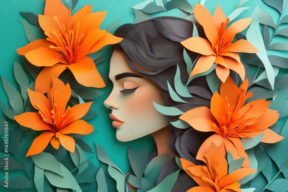 Intricate paper art portrait of a woman surrounded by vibrant blossoms. Intricate paper art portrait of a woman surrounded by vibrant blossoms.