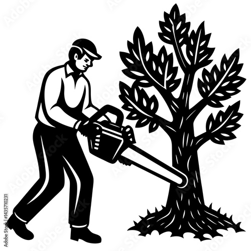A black and white illustration of a man using a chainsaw to cut down a tree