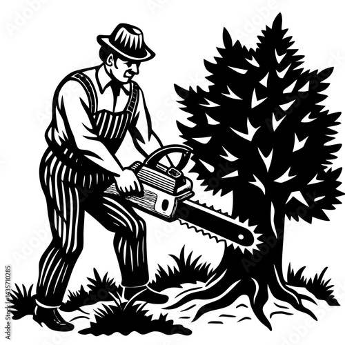 A black and white illustration of a man using a chainsaw to cut down a tree