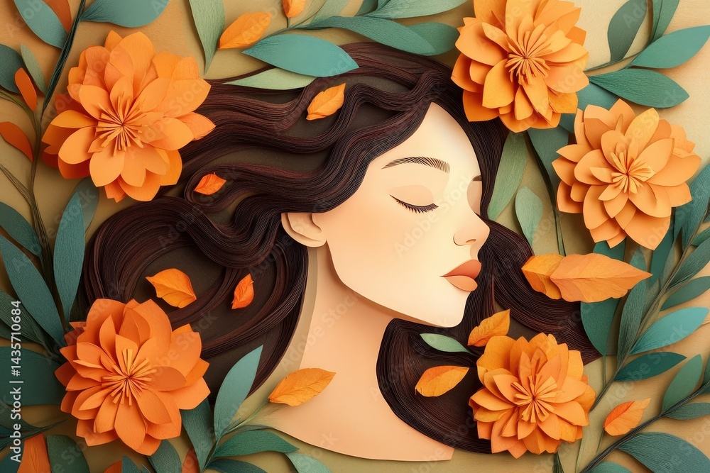 A serene profile portrait of a woman surrounded by autumnal flowers and leaves. A serene profile portrait of a woman surrounded by autumnal flowers and leaves.
