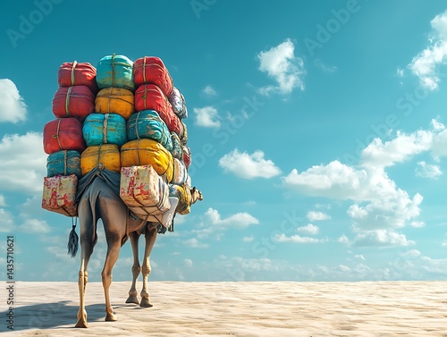 Camel carrying heavy colorful cargo across desert landscape. Possible use stock photography