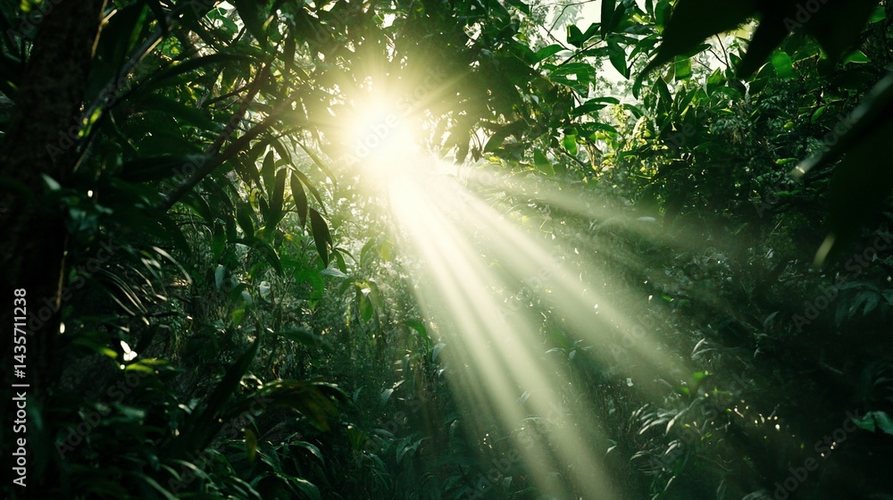 Obraz premium Sunlight beams filtering through lush, green jungle foliage