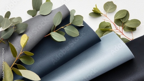 Textured fabric with three distinct colors and a plant.