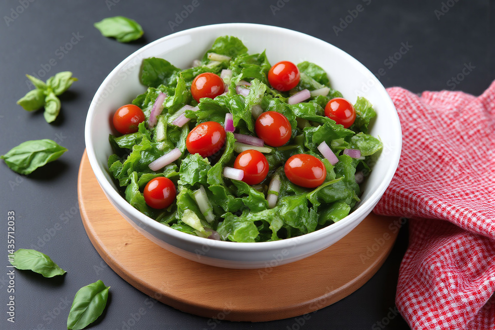 bowl of salad on a table with a red and white checkered napkin bowl of salad on a table with a red and white checkered napkin