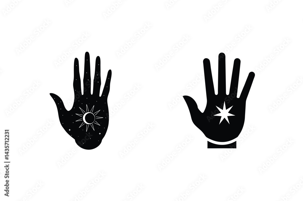 Fototapeta premium Mystical Palmistry Hand Symbols With Sun Moon Stars On A White Background
