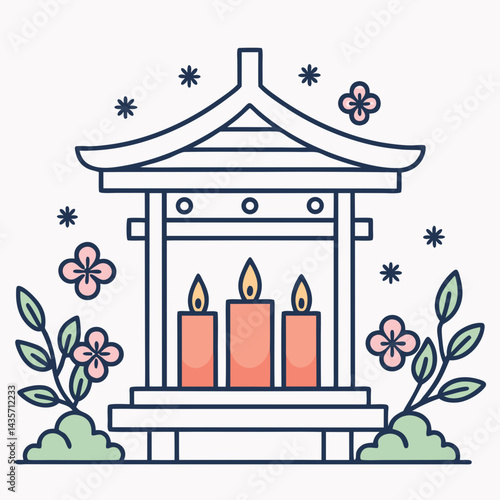 Asian shrine with candles and flowers vector illustration. Flat design of temple altar with candles and floral decoration. Peaceful Asian shrine with blooming flowers and lit candles.