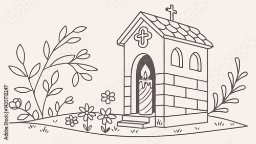 Minimalist chapel with candle and flowers line art illustration. Hand-drawn small church with burning candle and floral elements. Monochrome sketch of chapel surrounded by flowers and leaves.