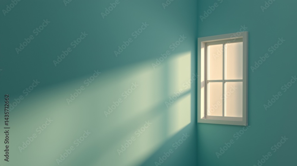 A white window with a white frame in a blue room. A white window with a white frame in a blue room.