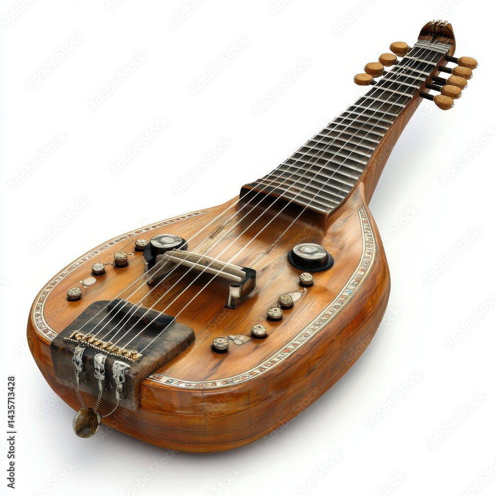 Fototapeta premium Close up shot of a brown wooden electric veena on a white background