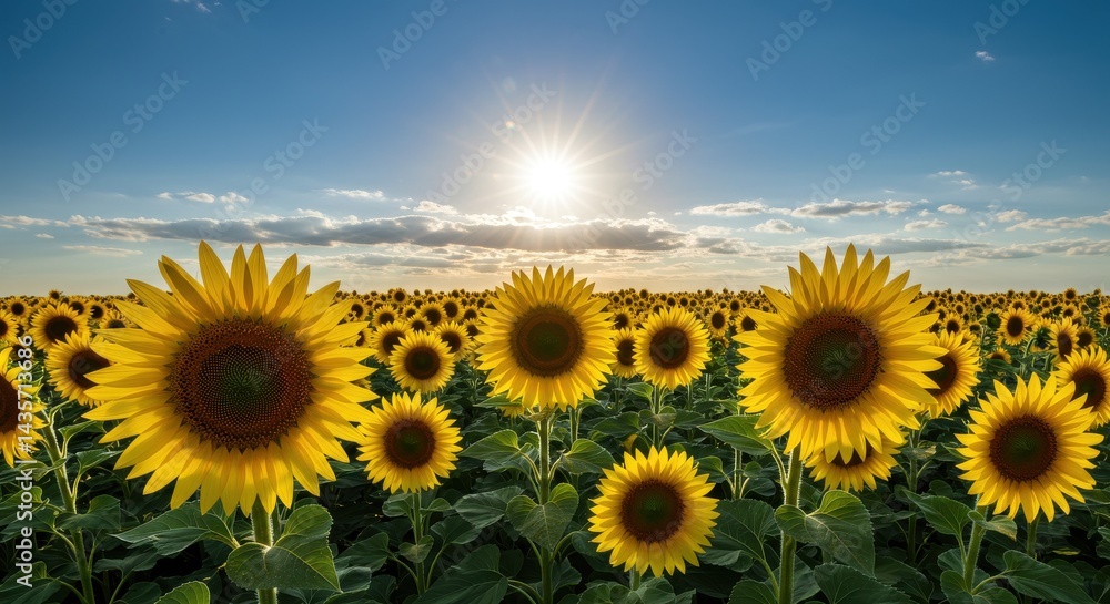 Obraz premium Bright sun over a field of sunflowers