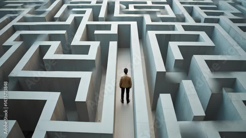 Man Alone in Giant Concrete Maze Symbolizing Life Choices and Difficult Decisions