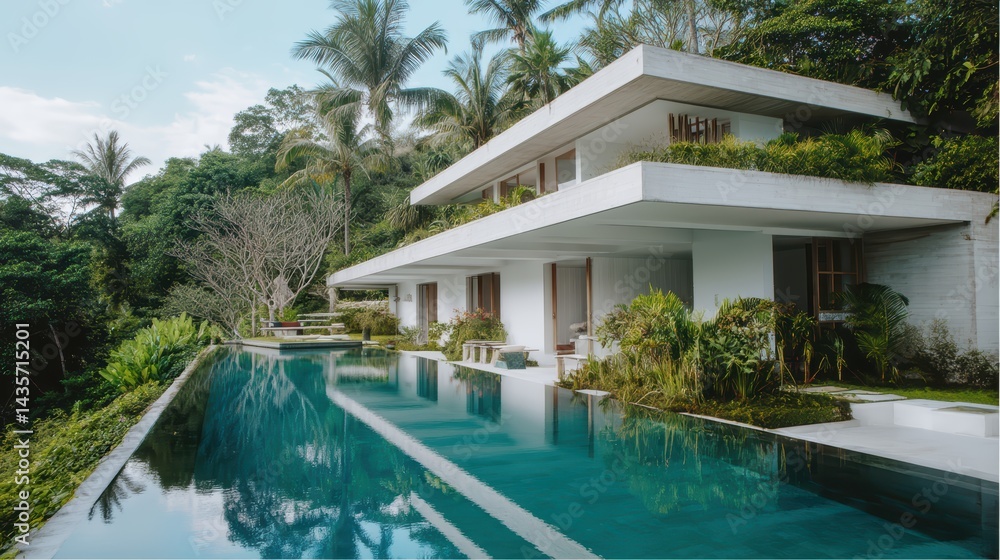 Fototapeta premium Modern white villa with infinity pool, surrounded by palm trees and lush greenery. Serene architectural landscape.