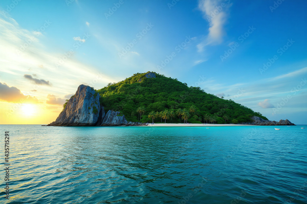 Obraz premium boat in the water near a large rock formation