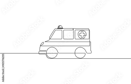 Ambulance car continuous one line drawing. Ambulance van single line art illustration, Continuous one line drawing of ambulance car, emergency medical response concept, single line art.