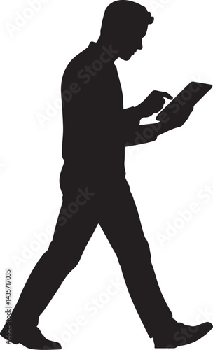 Black silhouette design of a man using a tablet while walking vector art illustration