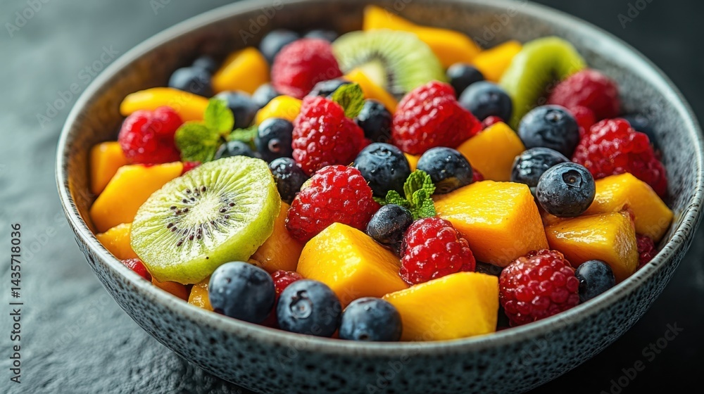 Delicious Summer Fruit Salad Mango Raspberry Blueberry Kiwi in Bowl Delicious Summer Fruit Salad Mango Raspberry Blueberry Kiwi in Bowl