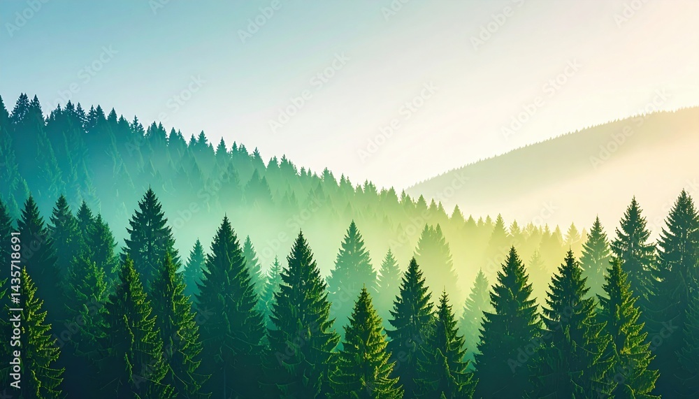 Fototapeta premium Morning mist over evergreen forest nature landscape photography serene environment aerial view tranquility and beauty