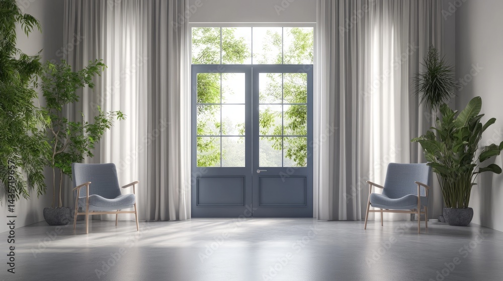 Fototapeta premium Minimalist modern office with ergonomic chairs, large windows with curtains, gray flooring, and plants throughout, featuring blue doors and neutral hues